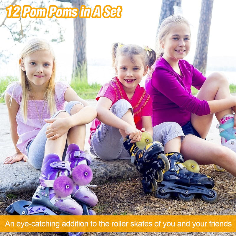 [Australia - AusPower] - 12 Pieces Roller Skate Pom Poms with Jingle Bells - 3.1" Fluffy Tie-on Roller Skate Pom Poms Fuzzy Faux Rabbit Fur Pom Poms Pompom Balls for Women Girls Quad Roller Skate Decoration (6 Styles) 
