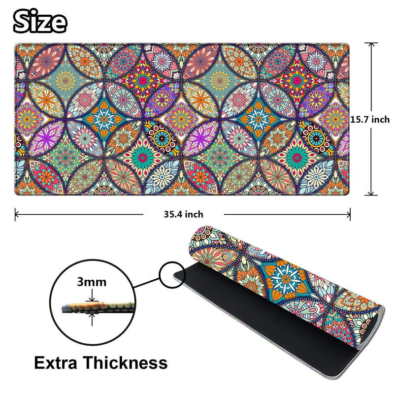 [Australia - AusPower] - EkuaBot Mandala Large Gaming Mouse Pad (35.4×15.7 in, 3mm Thick), Non-Slip Rubber Base and Reinforced Lock Edges, XXL Extended Mousepad for Work, Game, Desk mat, Desktop Decoration 