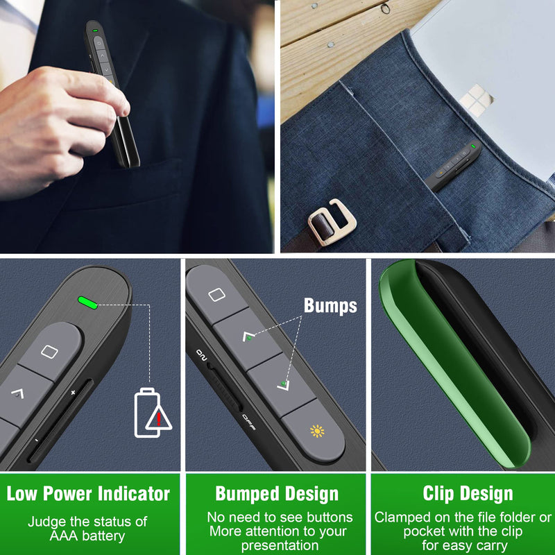 [Australia - AusPower] - Presentation Clicker for Powerpoint Presentation Pointer, Powerpoint Clicker 2.4Ghz Wireless Presenter Remote PPT Clicker with Hyperlink&Volume Control, Rechargeable Presentation Remote Pointer(Green) 