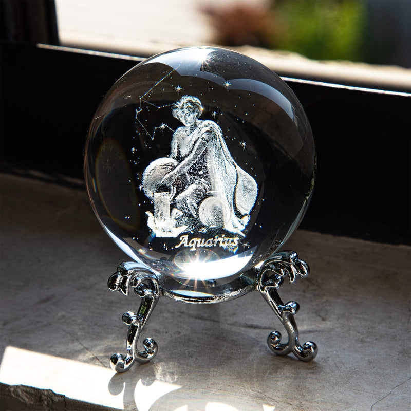 [Australia - AusPower] - 3D Laser Constellation Crystal Ball 60mm Crystal Paperweight Full Sphere Glass Fengshui With Sliver-Plated Flowering Stand(Aquarius) Aquarius 