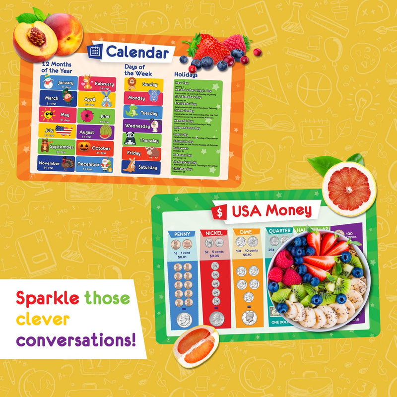 [Australia - AusPower] - Simply Magic 5 Placemats for Kids - Kids Placemats Non Slip, Washable Reusable Toddler Placemats, Educational Placemats: Money, Numbers, Weather and Seasons, Calendar, Time, Plastic Placemats for Kids 