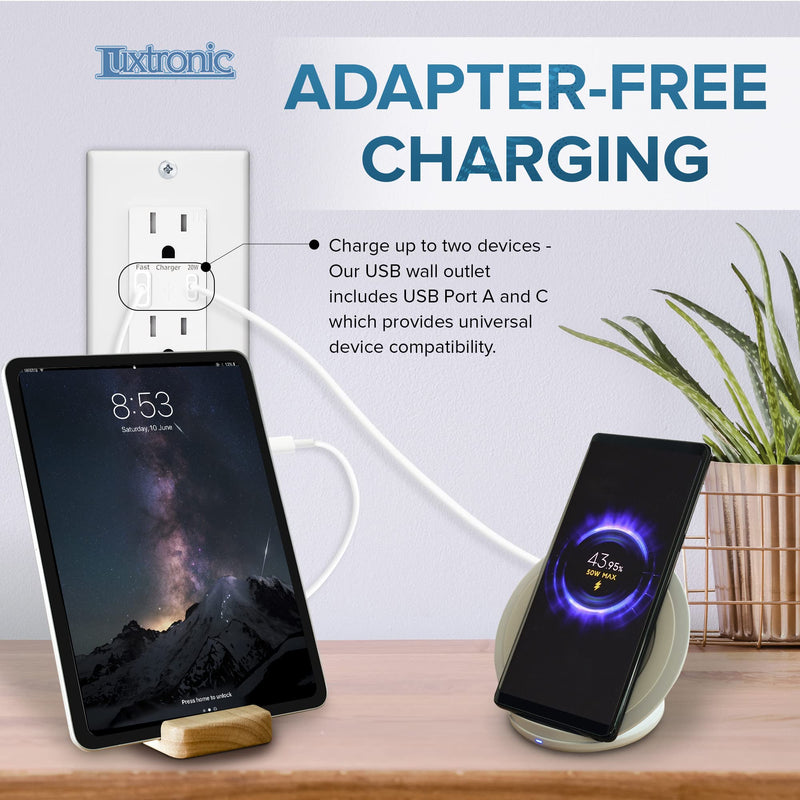 [Australia - AusPower] - Luxtronic USB Wall Outlet Fast Charge - Tamper Resistant QC 3.0/PD 3.0 Receptacles, Type C Type A Charging Station Port, Fast Charger Compatible with iPhone, iPad, Samsung, Android Devices (1 Pack) 1 Pack 