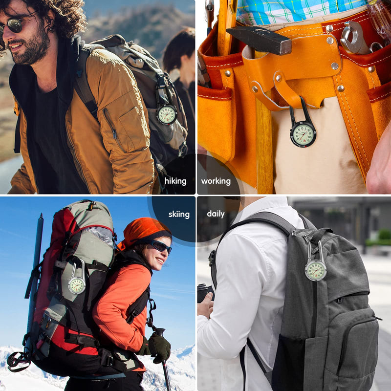 [Australia - AusPower] - 2 Pieces Clip on Quartz Watch Backpack Fob Belt Watch Glow in The Dark Unisex Pocket Watch with White Dial for Doctors Nurses Outdoor Activities Black, Silver 