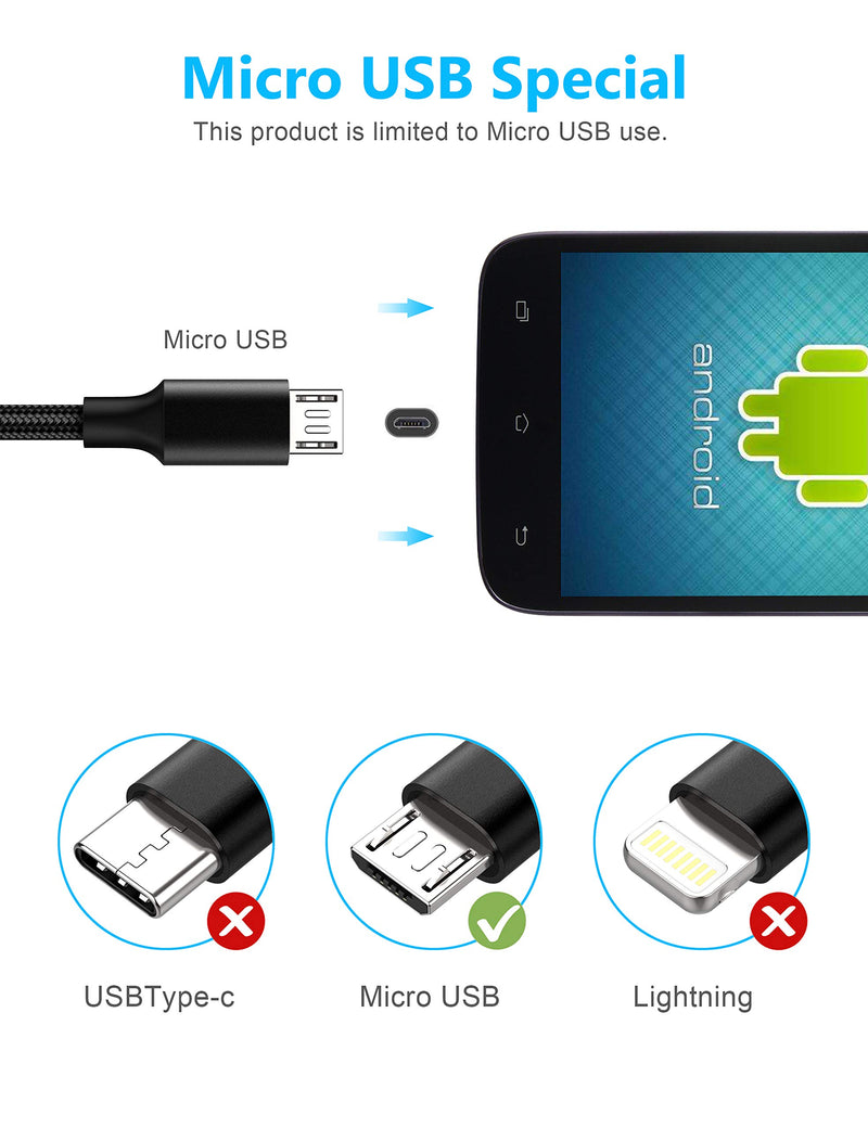 [Australia - AusPower] - Micro USB Cable, Spater Nylon Braided Cord Android Charger (2-Pack, 6.6 Feet) Sync and Fast Charging Cable Compatible with Samsung, Kindle, Android Smartphones, Moto G5, PS4 (Black) Black 