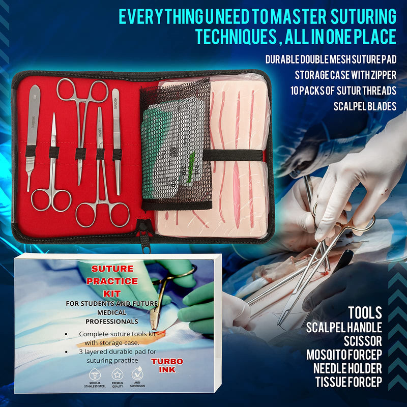 [Australia - AusPower] - Turbo Ink Complete Suture Practice Kit Includes Large Silicone Suture Pad with pre-Cut Wounds Sterile Sutures and Professional Quality Tools for Medical, Nursing and Vet Students. 