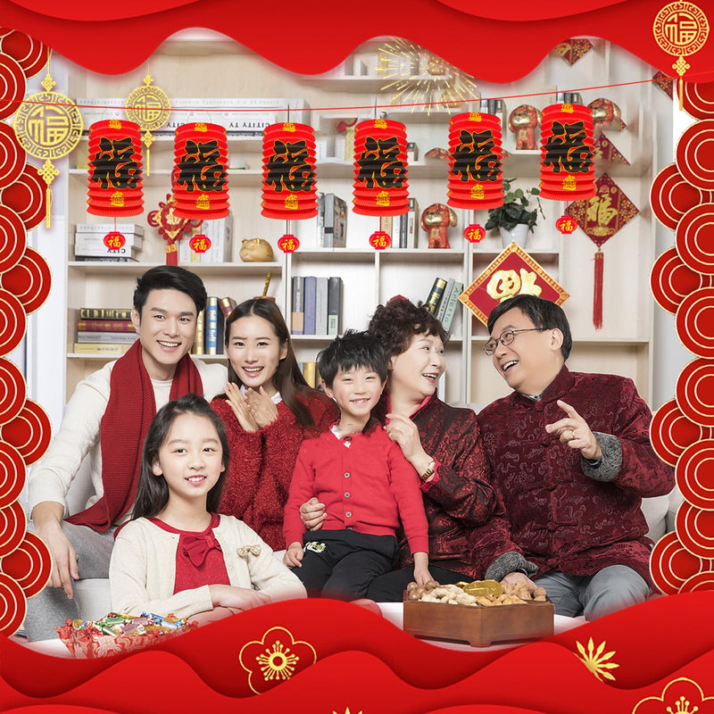 [Australia - AusPower] - 6Pcs 2024 Chinese New Year Decorations, Year of The Dragon Red Fu Lanterns 16*25cm Lunar Spring Festival Ceiling Hanging Paper Lanterns Lamp Party Supplies Decor for Birthday Wedding Restaurant Store 