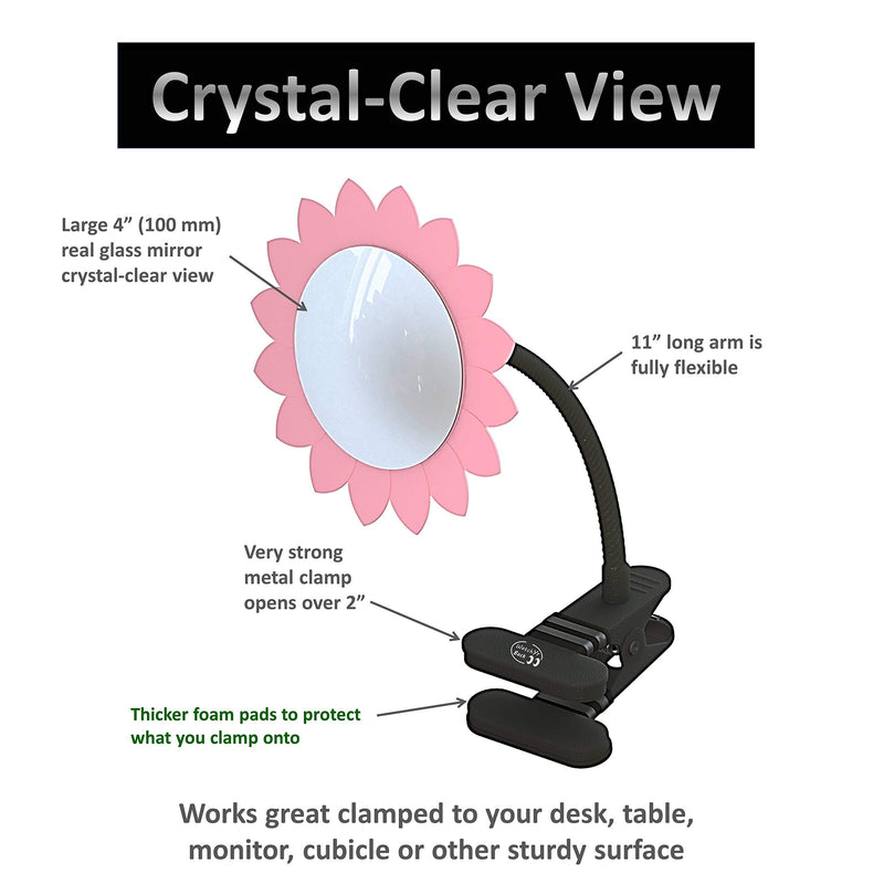 [Australia - AusPower] - Clip-On Convex Desk and Cubicle Mirror to See Behind You. Pink Flower Design. Wide Angle View Clear Reflection. Real Glass Mirror. Clip to Monitor and Anywhere up to 2" Thick 