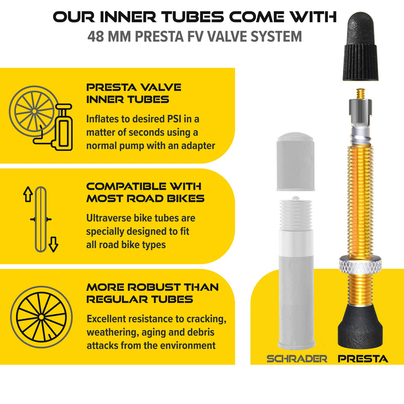 [Australia - AusPower] - Ultraverse Bike Inner Tube for 700x23-25c, 700x35-43c, 28 inch Bicycle Wheel Sizes with 48mm Presta Valve - Butyl Rubber Tubes for Road and Gravel Bikes - 2 Tubes with 2 tire levers Included PRESTA VALVE - 700C 700 x 23-25c 