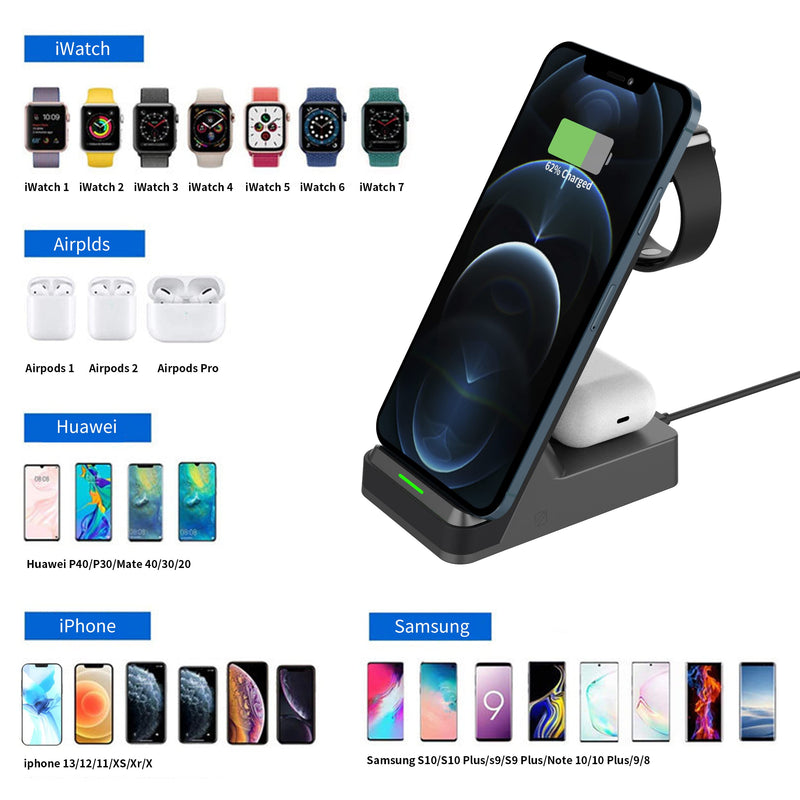 [Australia - AusPower] - Wireless Charger 3 in 1, UTOO 15W Fast Charging Station Dock for iWatch 7/SE/6/5/4/3/2/1, AirPods, iPhone13/13pro/max, 12/12 Pro/max/, 11 Series/XS/XR/XS/X/8/8 Plus/with QC3.0 Adapter(Black) Black 