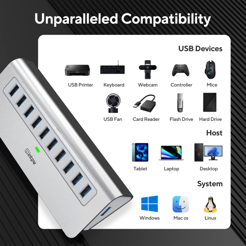 [Australia - AusPower] - Powered USB Hub, intpw 10 Port USB 3.1 Hub with 10Gbps Data Transfer, 30W(12V/2.5A) Power Adapter, USB Type A and Type C Cable, Aluminum USB Splitter for Laptop, MacBook and Desktop Computer 