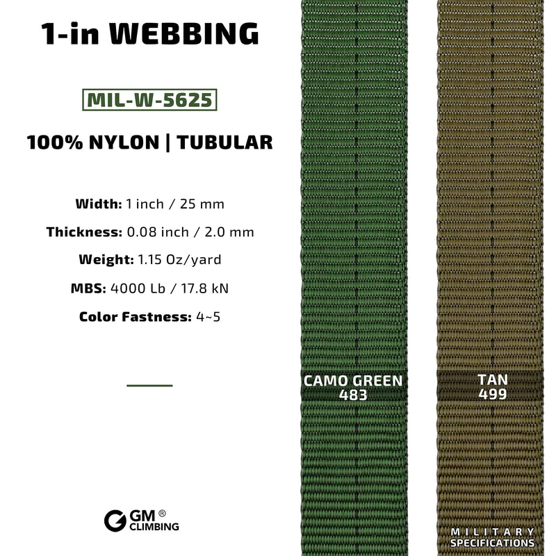 [Australia - AusPower] - GM CLIMBING 1 inch MIL-W-5625 Nylon Tubular Webbing Milspecs 4000Lbs Durable for Outdoor Tactical Parachute Climbing Rescue Survival Tie Down 1 inch x 30Ft / 10 Yards Tan 499 