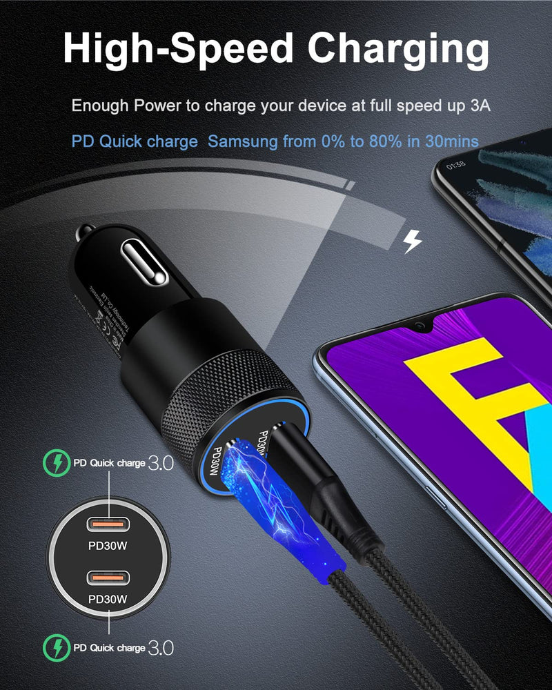 [Australia - AusPower] - 60w Super Fast USB C Car Charger, 2pack Car Lighter Adapter With Pd C To C Cable Quick Charging Type C Cords Plug-in Dual Port Usbc Cigarette Cargador Auto for Samsung S22+ S21 Ultra S20 Galaxy Note20 
