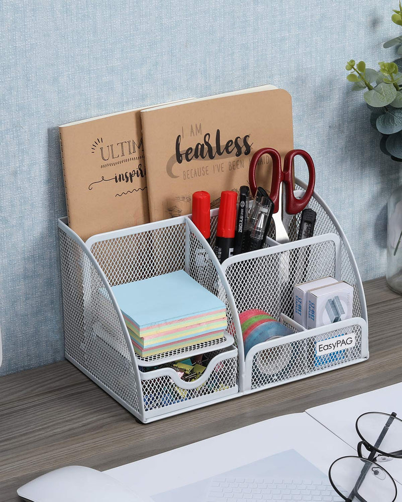 [Australia - AusPower] - EasyPAG Mesh Desk Organizer 6 Compartments with Drawer,White White 