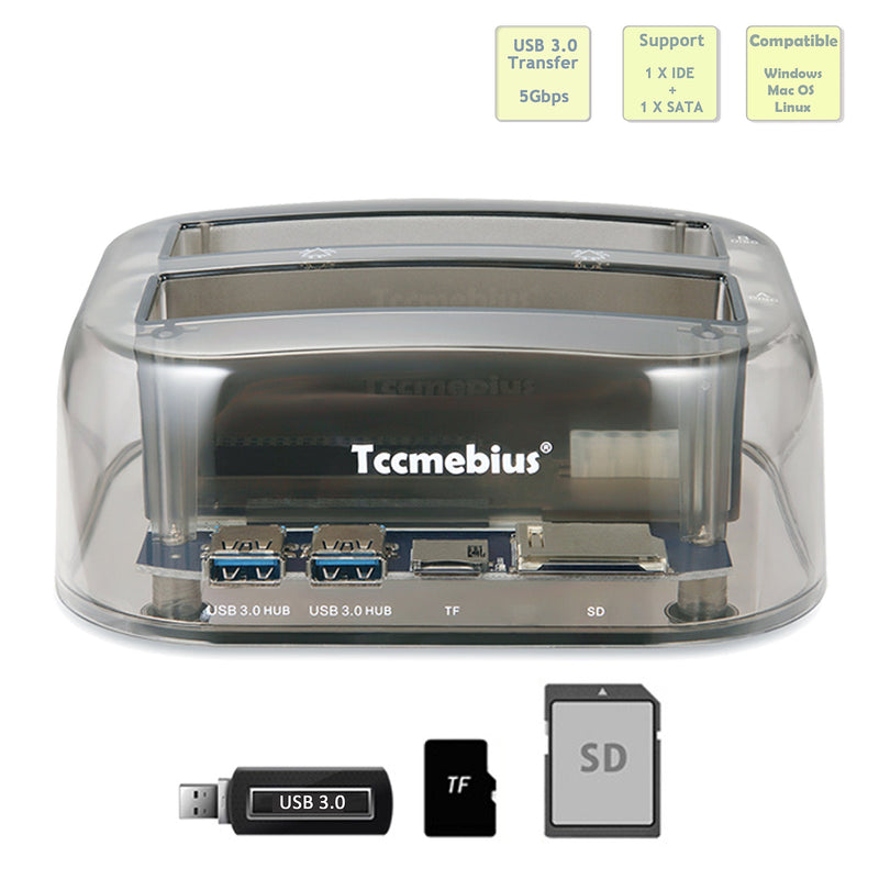 [Australia - AusPower] - Tccmebius TCC-S865 USB 3.0 to SATA IDE Dual Slots External Transparent Hard Drive Docking Station with Card Reader and 2 Ports USB 3.0 Hub for 2.5 3.5 Inch IDE SATA I/II/III HDD SSD 