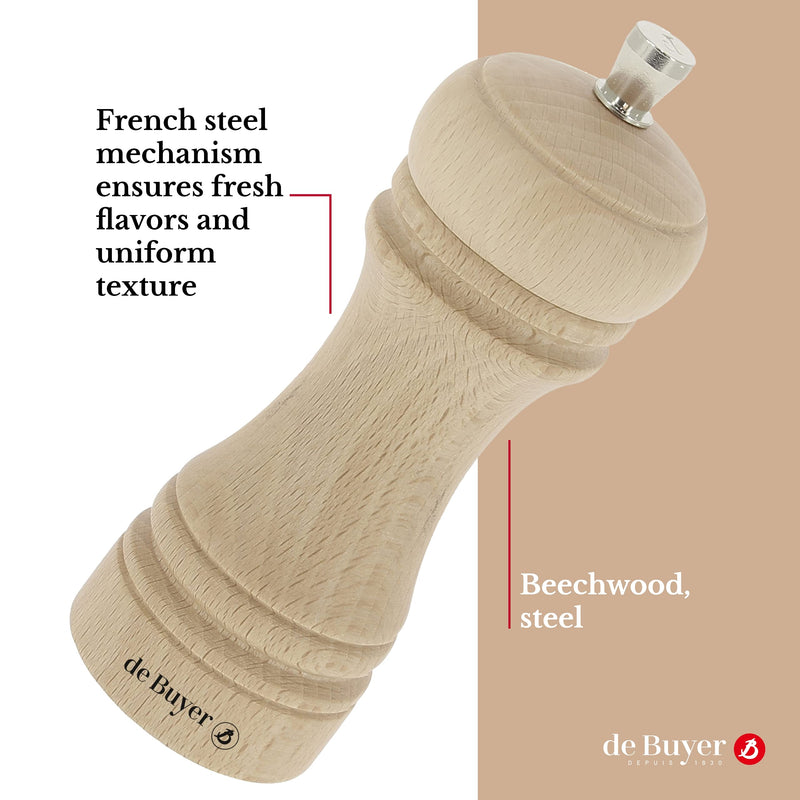 [Australia - AusPower] - de Buyer - Java Pepper Mill - Natural Beechwood - French Stainless Steel Mechanism - Black Pepper or Spice Grinder - Adjustable Grind - 2.25" x 5.5 