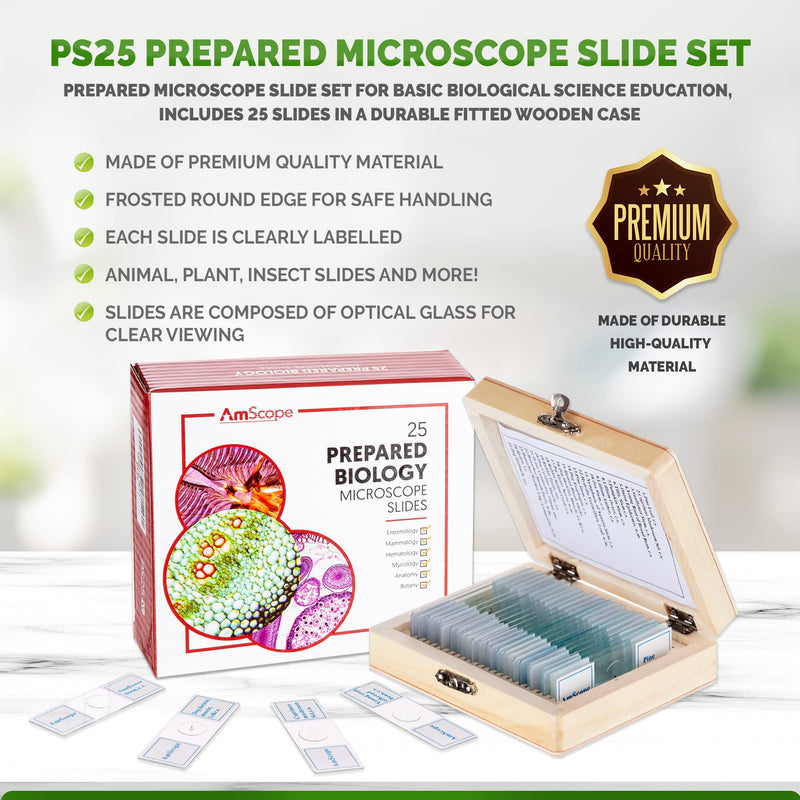 [Australia - AusPower] - AmScope PS25 Prepared Microscope Slide Set for Basic Biological Science Education, 25 Slides, Includes Fitted Wooden Case Brown 