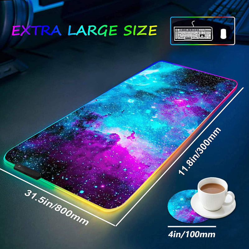 [Australia - AusPower] - RGB Gaming Mouse Pad with Coffee Coaster, XXL Large Glowing LED Mousepad, Anti-Slip Rubber Base, Computer Keyboard Desk Mouse Mat 31.5 X 11.8 Inch - Blue Galaxy Nebula Universe Space 