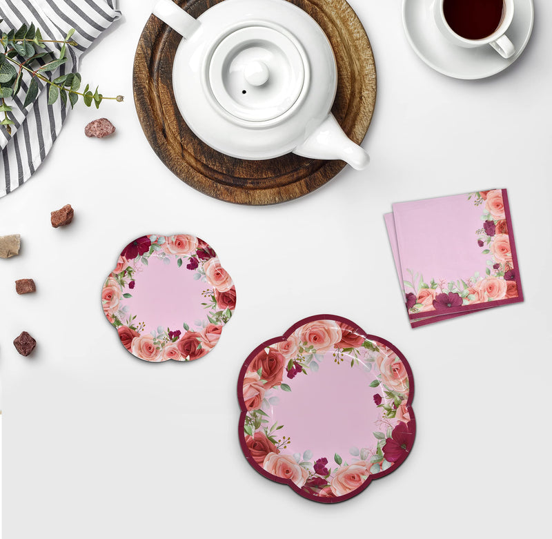 [Australia - AusPower] - 24 Disposable Tea Cups and Saucers Sets Floral Design 7" Flower Scallop Shaped Plates 24 5" Saucer Paper Plate 24 5 oz. Tea Cup with Handle 48 Lunch Napkins for Spring Wedding Birthday Party Supplies 