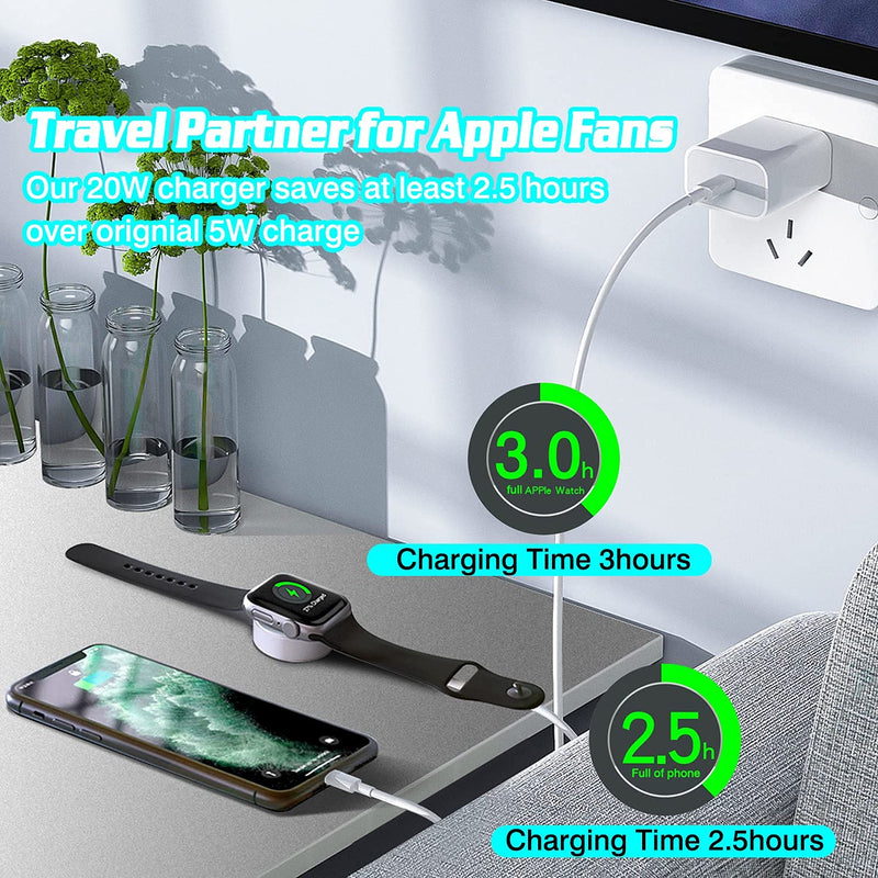 [Australia - AusPower] - Apple Watch USB C Charger, 20W PD Fast 2 in 1 Charging Cable (5FT) Compatible with iPhone13/12/12 Mini/12Pro/12 Pro Max/11/11Pro/11 Pro, Magnetic for iWatch 7 6 5 4 3 2 SE White 