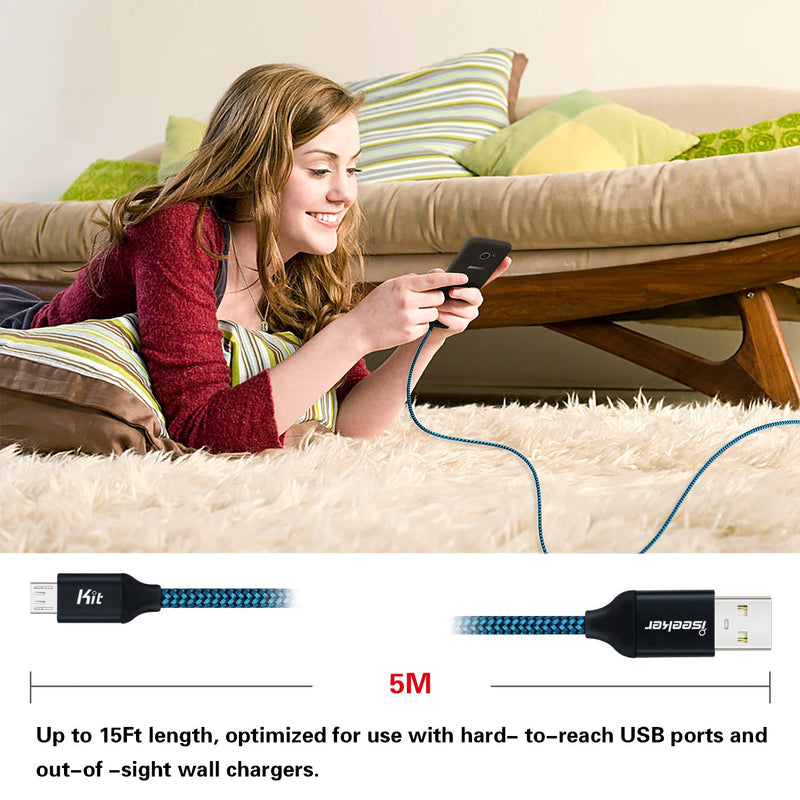 [Australia - AusPower] - Micro USB Charger Cable, [15 Ft] Durable Extra Long USB 2.0 Charge Cord Compatible for Android/Windows/Smartphones/Samsung/HTC/Motorola/Nokia/LG/Tablet and More(Blue) blue 15 Feet 