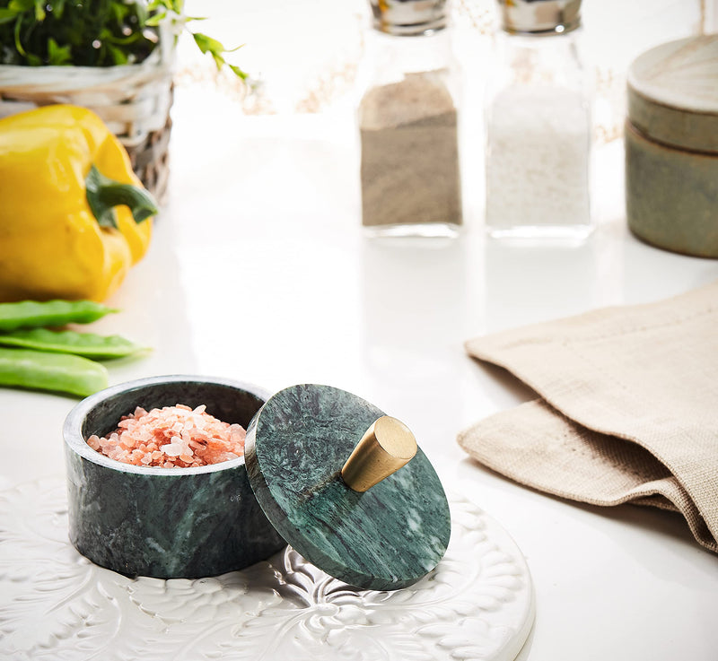 [Australia - AusPower] - Queenza Salt Cellar with Lid - Green Marble Salt Cellar with Premium Brass Knob - 3 Inch Salt Container for Kosher Salt Storage - Easy To Pinch Pots For Salt And Pepper - Marble Box Of Spices 