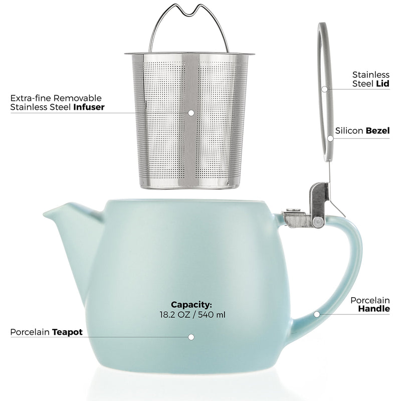 [Australia - AusPower] - Tealyra - Pluto Porcelain Small Teapot Turquoise - 18.2-ounce (1-2 cups) - Matte Finish - Stainless Steel Lid and Extra-Fine Infuser To Brew Loose Leaf Tea - 540ml 