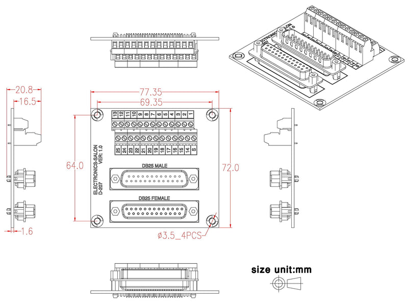 [Australia - AusPower] - Electronics-Salon D-SUB DB25 Male/Female Header Breakout Board, DSUB Terminal Block, Connector. 