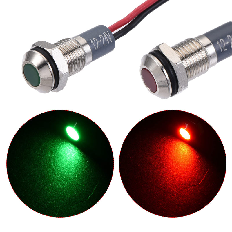 [Australia - AusPower] - MECCANIXITY Indicator LED Light AC/DC 12-24V 8mm Panel Mount Metal Shell Waterproof Signal Lamp 140mm Wire, Red Green 