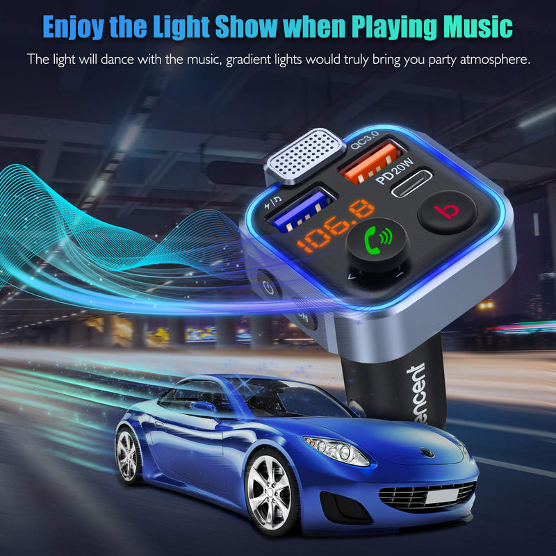 [Australia - AusPower] - [2022 Version] LENCENT FM Transmitter in-Car Adapter, Wireless Bluetooth 5.0 Radio Car Kit,Type-C PD 20W+ QC3.0 Fast USB Charger,Hands Free Calling, Mp3 Player Receiver Hi Fi Bass Support U Disk 