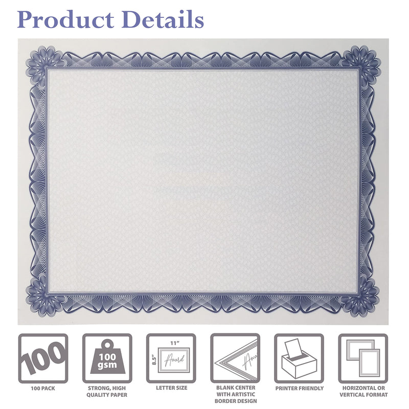 [Australia - AusPower] - 100 Sheet Certificate Paper, Blue Border, Letter Size Blank Paper, by Better Office Products, Specialty Award, Diploma Certificate Paper, Laser and Inkjet Printer Friendly, 8.5 x 11 Inches, 100 Count 