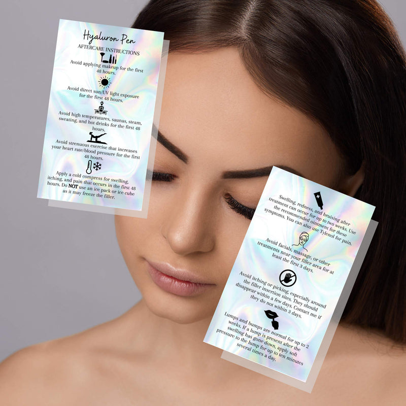 [Australia - AusPower] - Hyaluron Pen Filler Aftercare Card | 50 Pack | 2x3.5” inches Business Card Size | Non-Reflective Matte Rainbow Holographic Look Design 
