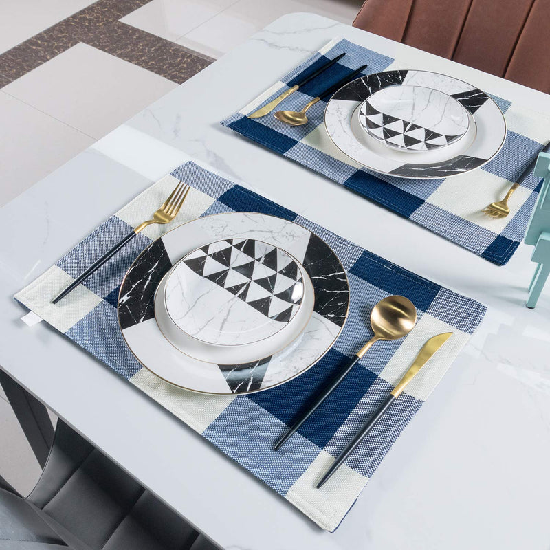 [Australia - AusPower] - smile of hope Blue and White Buffalo Plaid Placemats , Kitchen Dining Table mats, Imitation Hempable Heat Resistant 12x18 Inche Waterproof Checkered Cloth Place mats Set of 4 Dark Blue and White Plaid 12x18 inch 
