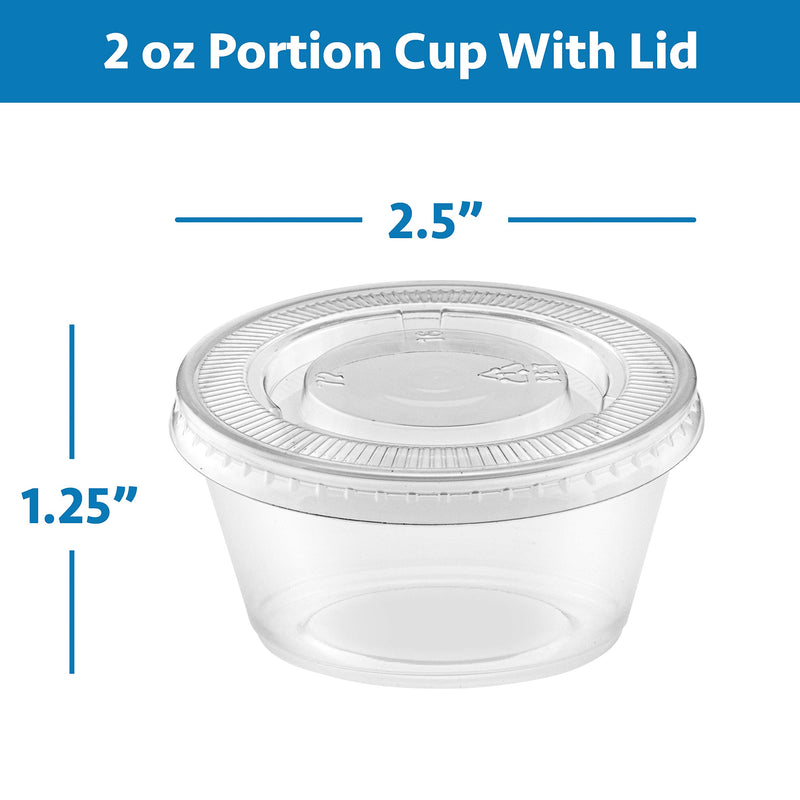 [Australia - AusPower] - 100-Pack of 2 Ounce Clear Plastic Jello Shot Cup Containers with Snap on Leak-Proof Lids -Jello Shooter Shot Cups -Compact Food Storage for Portion Control, 2 oz,Sauces, Liquid, Dips 