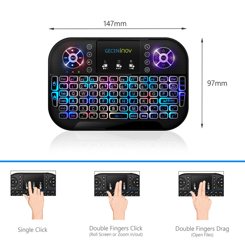 [Australia - AusPower] - Mini Keyboard, Wireless Touchpad Keyboard, Portable Keyboard by GECENinov, 7 Colors RGB Backlit Keyboard, 2.4G Rechargeable Controller Mouse Combo, Compatible with PC, Laptops, Smart TVs. 