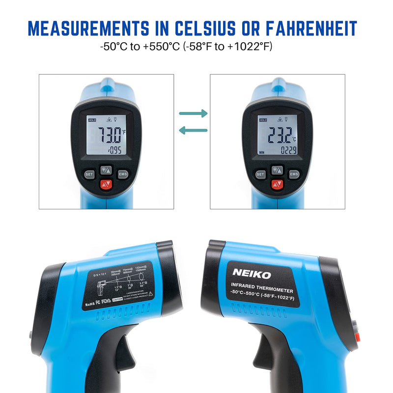 [Australia - AusPower] - NEIKO 52911A Digital Infrared Thermometer | Non-Contact Temperature Gun | Instant Read -58℉~1022℉ (-50℃~550℃) | LCD Display | IR Laser Targeting | Extra Dial Thermometer for Cooking 