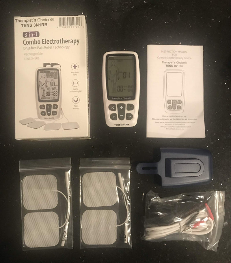 [Australia - AusPower] - Therapist’s Choice® Rechargeable TENS3N1RB Combo TENS, EMS, Massage with Body Image Diagram Electrode Placement, with Belt Clip and Display Box. 