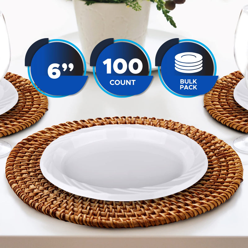 [Australia - AusPower] - PAMI Premium Disposable Plastic Plates [Pack of 100] - 6” White Party Plates For Dinner Desserts Appetizers- Heavy-Duty Microwavable Plates In Bulk For Any Occasion- Elegant Plastic Dinnerware Set 6'' 