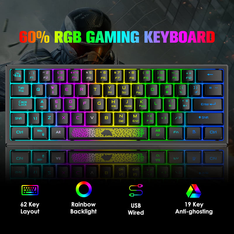 [Australia - AusPower] - ZIYOU LANG K61 60% Gaming Keyboard Mini Portable with Rainbow RGB Backlit Ergonomic 62Key Layout 19Key Anti-ghosting Mechanical Feel Waterproof USB Wired for PC Mac Windows Gamer Laptop Typists(Black) Black 