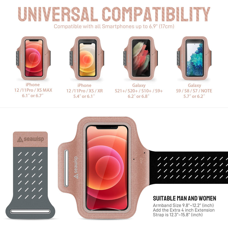 [Australia - AusPower] - Seawisp Sweat Resistant Universal Phone Armband for iPhone 12 Pro/11/ XS Max/8/7/6s Plus Galaxy S7/S6, Huawei, Running Exercise Cellphone Holder Case with Extra Extension Strap Key/Card Holder, Pink 