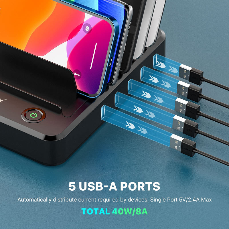 [Australia - AusPower] - Charging Station for Multiple Devices 5 Ports with 6 Mixed Charging Cables Multi USB Charger Station Organizer for Cell Phones Tablets Tab Electronics Tech Gadget 