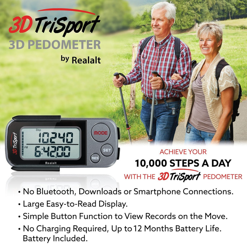 [Australia - AusPower] - Realalt 3DTriSport Walking 3D Pedometer with Clip and Strap, Free eBook | 30 Days Memory, Accurate Step Counter, Walking Distance Miles/Km, Calorie Counter, Daily Target Monitor, Exercise Time. Grey/Black 