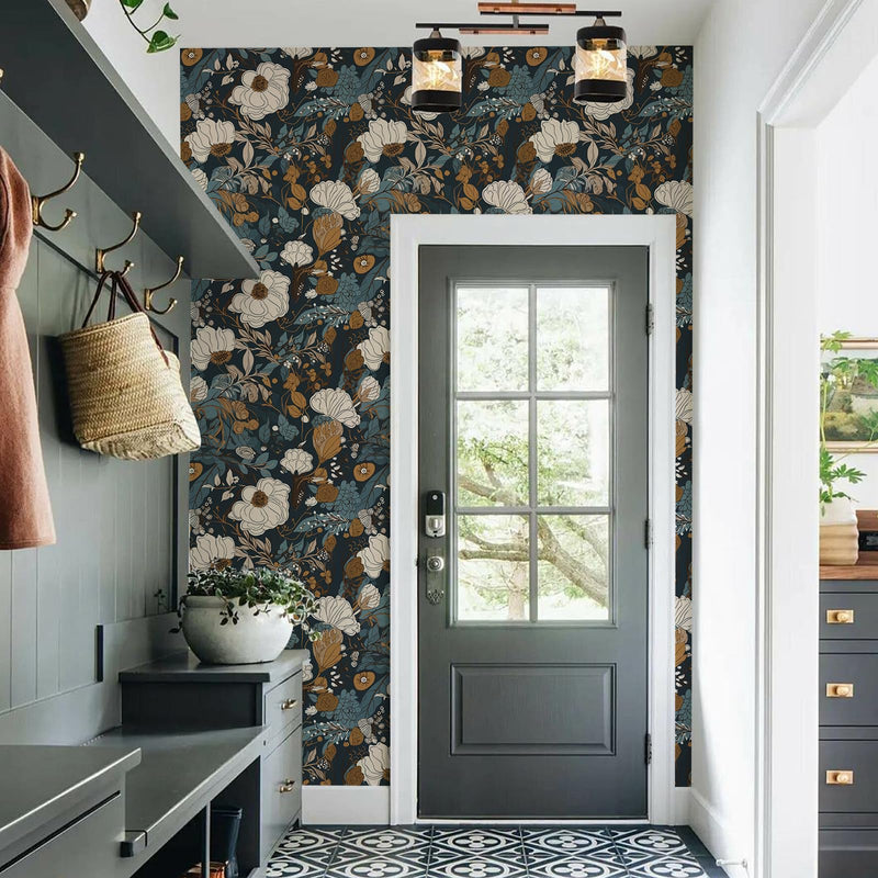 [Australia - AusPower] - MAGAFA Floral Peel and Stick Wallpaper Boho Removable Wallpaper for Bedroom Bathroom Black/Sand/Oliva Easy Peel Off Wallpaper Stick on Wallpaper Vintage Renter Friendly Wall Paper 236.2" X 17.7" 17.71"X236.2" 