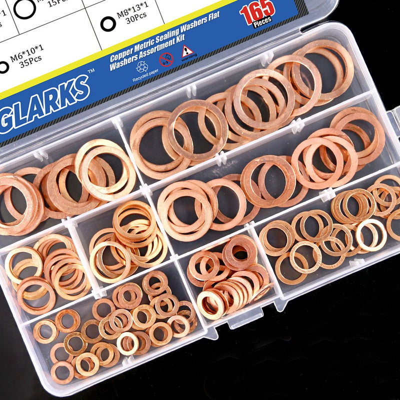 [Australia - AusPower] - Glarks 165Pcs Metric Flat Ring Copper Sealing Washers Assortment Set - 8 Sizes of M6 M8 M10 M12 M14 M16 M18 M20 