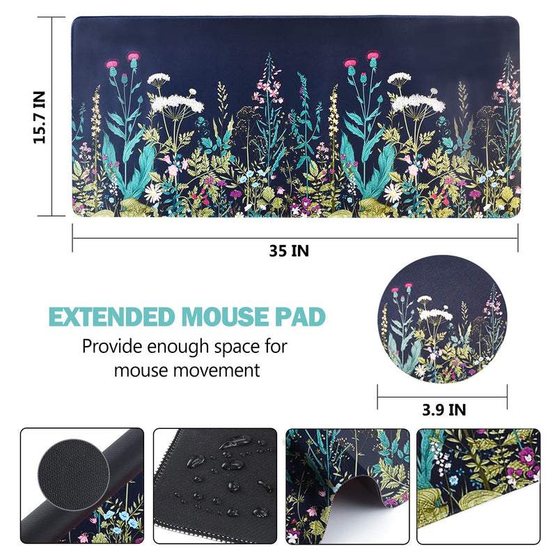 [Australia - AusPower] - AIMSA Extended Gaming Mouse Pad, XL Large Keyboard Mouse Mat Desk Pad with Stitched Edges, Durable Non-Slip Base Mousepad for Home Office Work, 35x15.7inch ,Flowers Plants Flowers Plants 