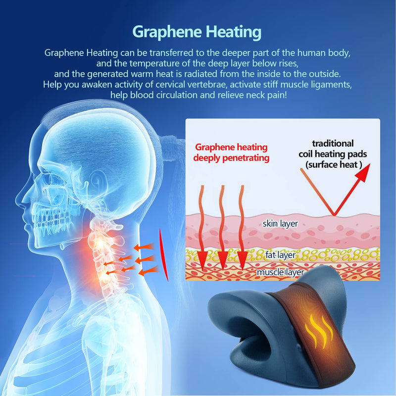 [Australia - AusPower] - Neck Stretcher for Neck Pain Relief, Heated Cervical Traction Device Pillow with Graphene Heating Pad, Neck and Shoulder Relaxer for TMJ Pain Relief and Cervical Spine Alignment(Dark Blue) Dark Blue 