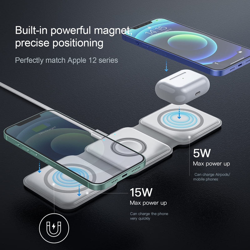 [Australia - AusPower] - DLON 3 in 1 Wireless Charger, Fast Charging Station, Foldable Magnetic Charging Pad, Portable Wireless Charger, Compatible with iPhone 13/12/11/SE, Apple Airpods, Apple Watch, Samsung Galaxy 