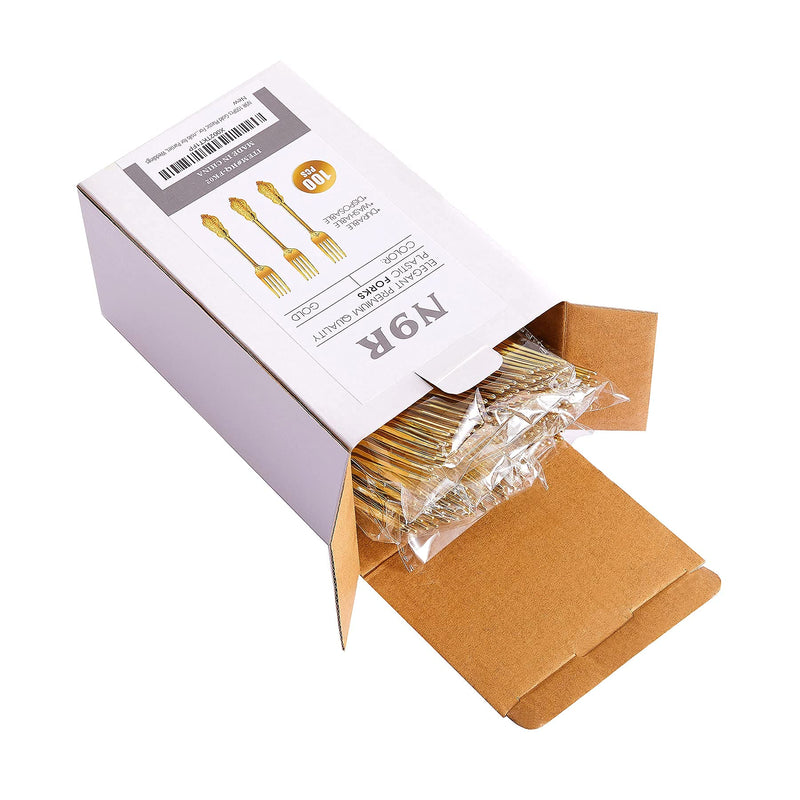 [Australia - AusPower] - N9R 100Pcs Gold Plastic Forks, Solid, Durable and Heavy Duty Plastic Forks, Perfect Utensils for Parties, Weddings 