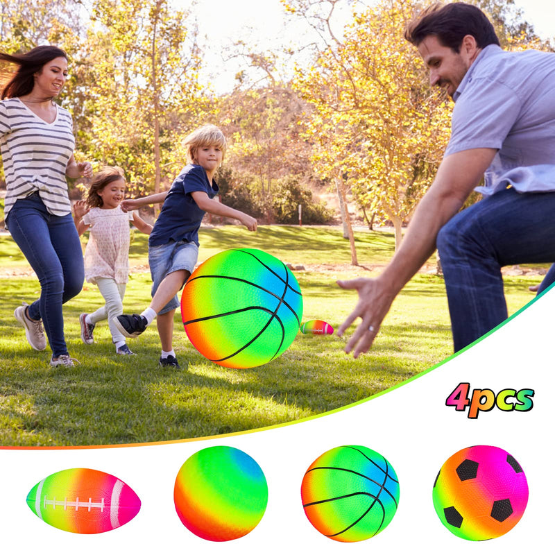 [Australia - AusPower] - 4 Pack Rainbow Sports Balls Set 6 Inch Inflatable Vinyl Balls with Added Hand Air Pump, Neon Basketball, Soccer Ball, Volleyball and Football for Kids and Toddlers Playground Indoor and Outdoor Use 