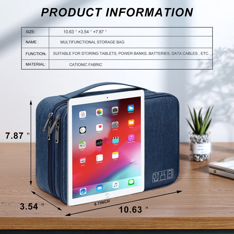 [Australia - AusPower] - Electronic Bag Travel Cable Accessories Bag Waterproof Double Layer Electronics Organizer Portable Storage Case for Cable, Cord, Charger, Phone, Adapter, Power Bank, Kindle, Hard Drives Navy Blue 