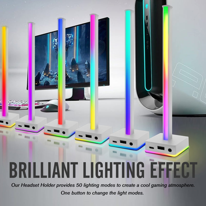 [Australia - AusPower] - EZDIY-FAB USB LED Light Bar Headphones Stand, Desktop Atmosphere RGB Backlight,50 Built-in Color Modes, Headphone Holder for Gamers Gaming PC PS5 Accessories Desk- White- 1 Pack 